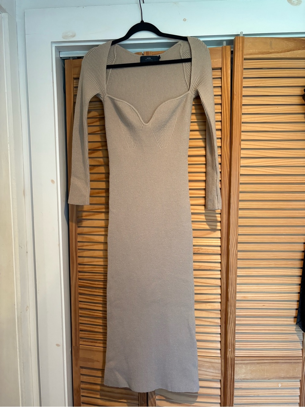 Arch4 Coco Ribbed Cashmere Dress Midi Bodycon Long Sleeve Beige Knit Luxury